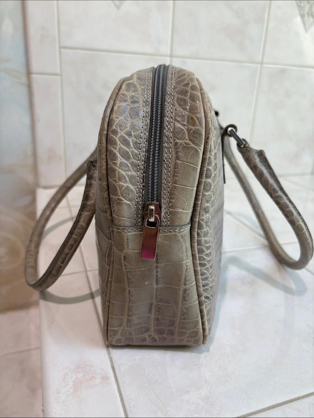 Tanner, Made in Italy ,Croc-Embossed Taupe/Gray Leather Top-zip Satchel